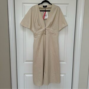 Linen Blend Ruffle Ruched Midi Dress